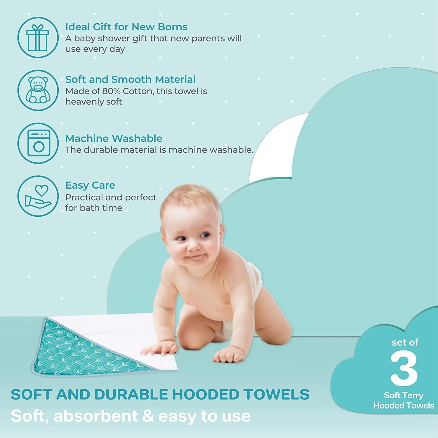 Baby Hooded Towel Set for Newborn Boys and Girls, Soft Terry Bath Set, Pack of 3, Blue Whale