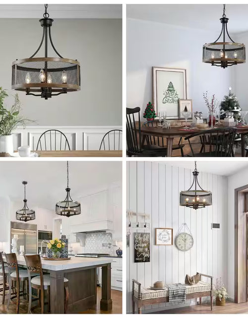 Load image into Gallery viewer, Black Drum Chandelier 4-Light Candlestick Dark Brown Farmhouse round Pendant with Open Cage Frame and Wood Accent
