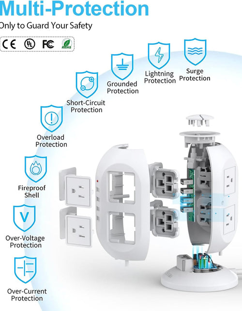 Load image into Gallery viewer, Power Strip Tower with USB Ports,  Surge Protector Tower with 8 AC Outlets 4 USB Chargers, Multiple Outlets with Long Extension Cord 10 Ft &amp; Circuit Breaker, Dorm Essentials, Desk Accessories
