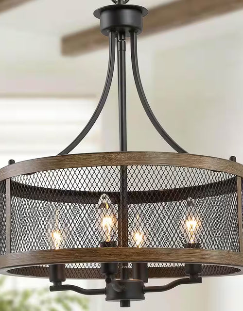 Load image into Gallery viewer, Black Drum Chandelier 4-Light Candlestick Dark Brown Farmhouse round Pendant with Open Cage Frame and Wood Accent
