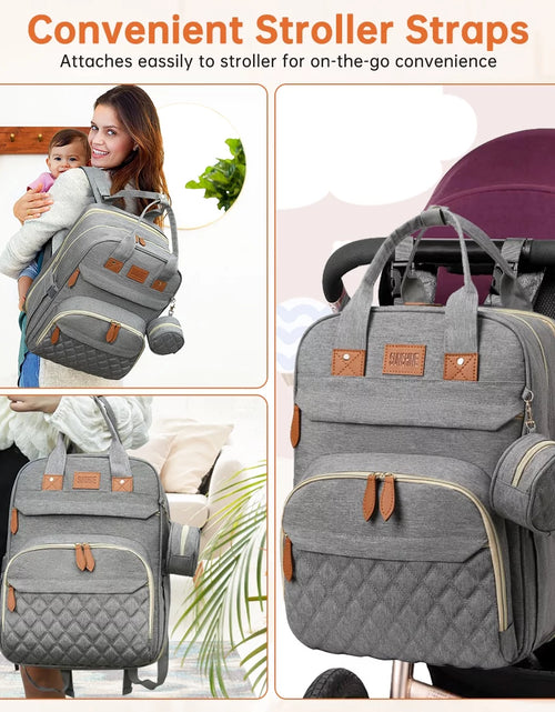 Load image into Gallery viewer, Diaper Bag Backpack, Multifunction Baby Bag with Changing Station, Large Capacity Diaper Bags W/ Foldable Crib &amp; Insulated Pocket, Portable Waterproof Backpack, USB Charging Port&amp;Stroller Straps(Gray)
