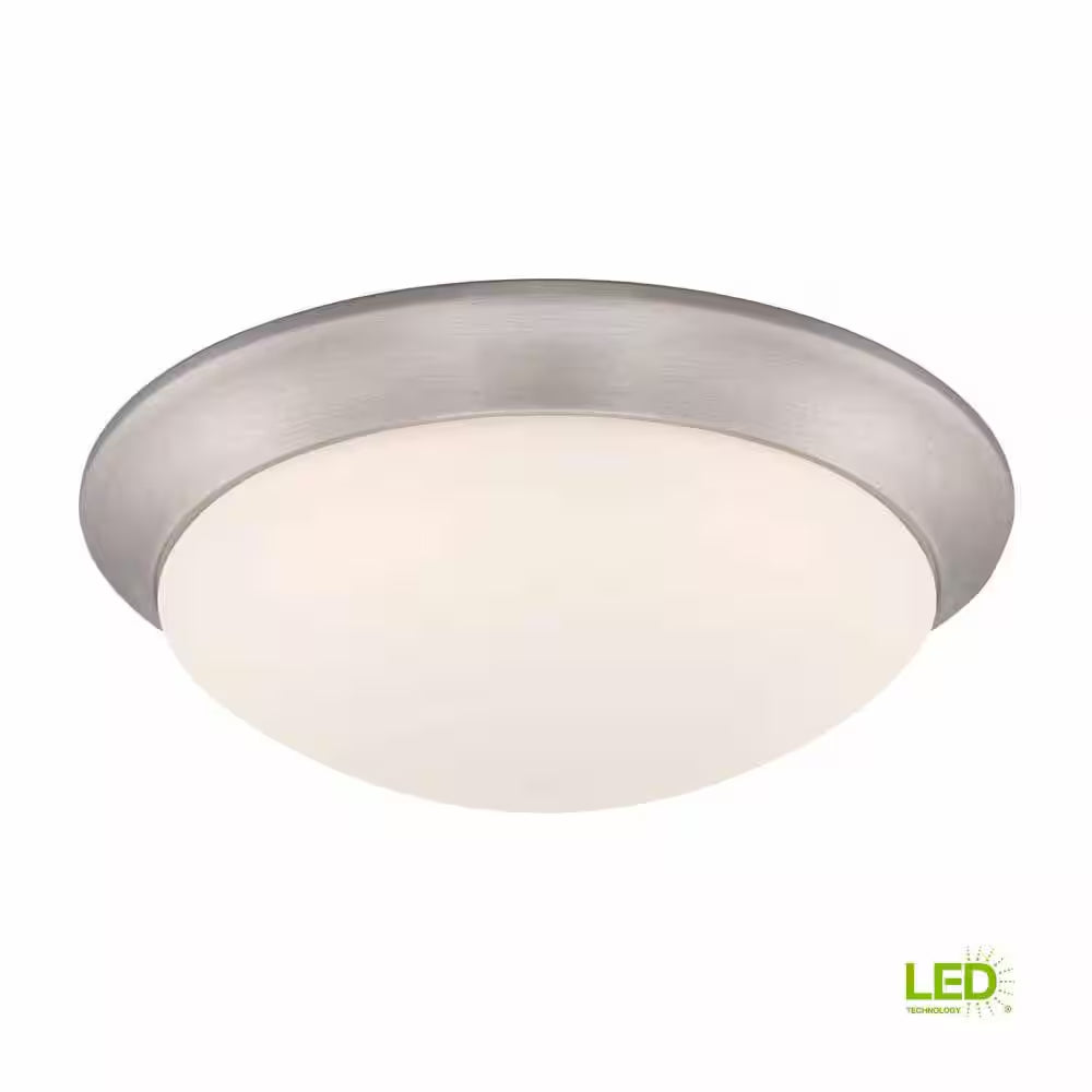 11 In. 120-Watt Equivalent Brushed Nickel 2700K CCT LED Ceiling Light Flush Mount with Frosted White Glass Shade