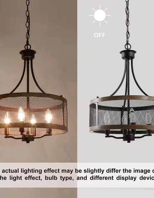 Load image into Gallery viewer, Black Drum Chandelier 4-Light Candlestick Dark Brown Farmhouse round Pendant with Open Cage Frame and Wood Accent
