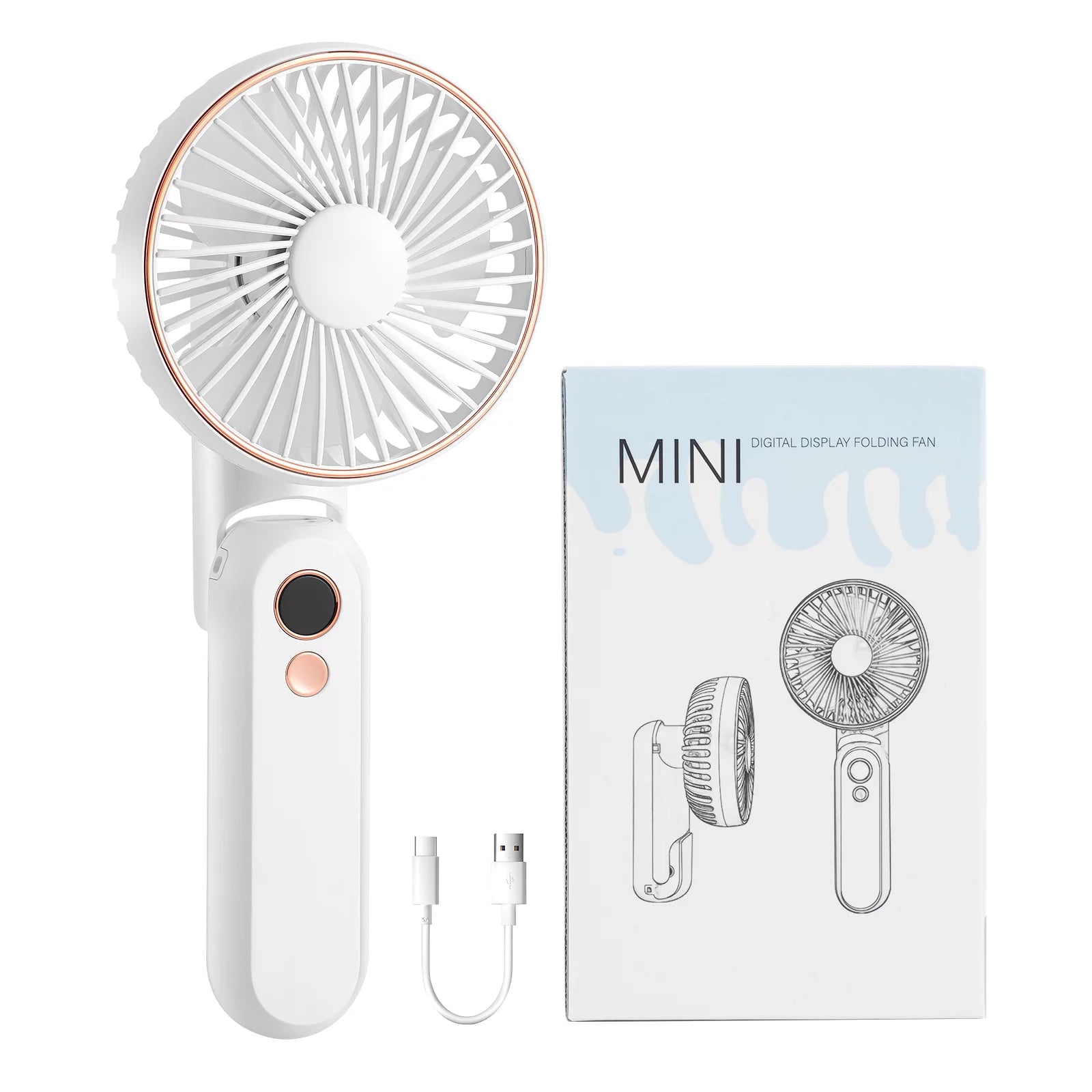 Handheld Fan, Portable Fan with 5 Speeds&Digital Display,Foldable Rechargeable USB Fan with Power Bank,180°Adjustable Mini Fan&Desk Fan for Outdoor,Travel, Camping,Office,White