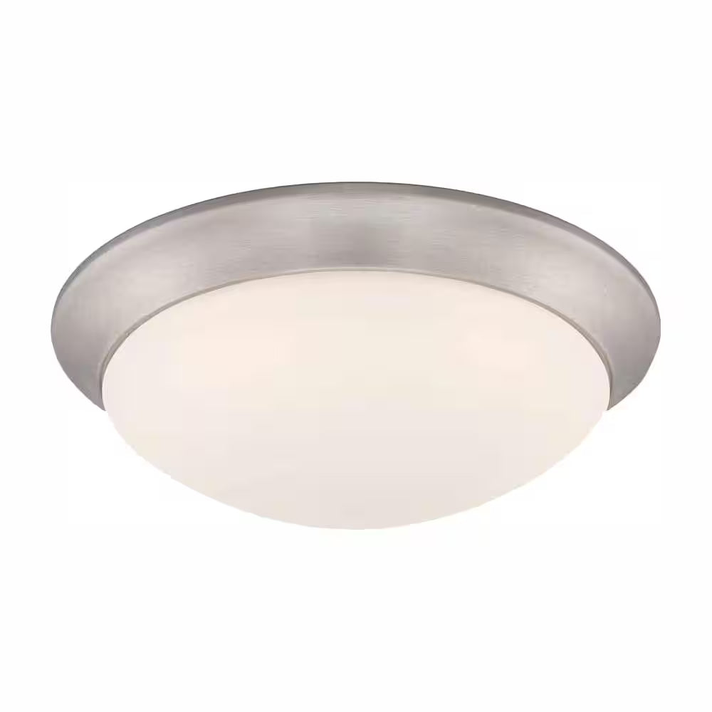 11 In. 120-Watt Equivalent Brushed Nickel 2700K CCT LED Ceiling Light Flush Mount with Frosted White Glass Shade