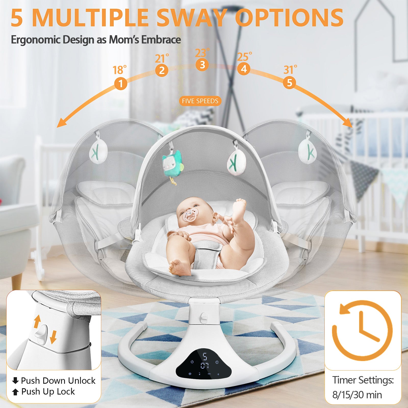 Electric Baby Swing for Infants, Bluetooth Swing Baby Bouncer Baby Rocker with Intelligence Timing, Gray