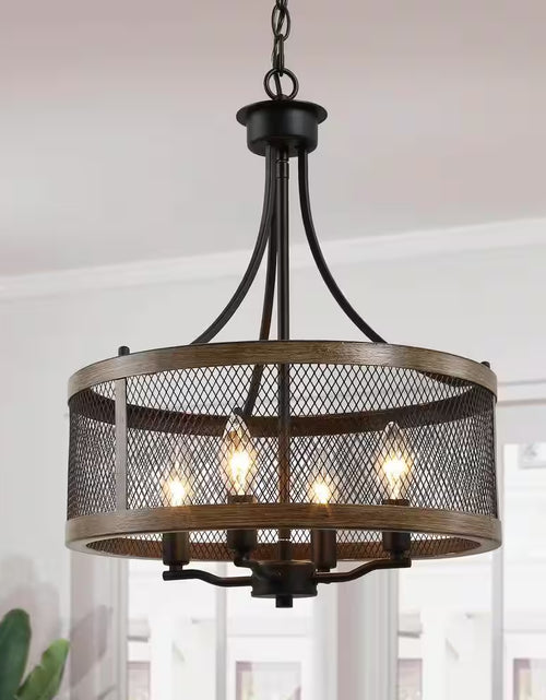 Load image into Gallery viewer, Black Drum Chandelier 4-Light Candlestick Dark Brown Farmhouse round Pendant with Open Cage Frame and Wood Accent
