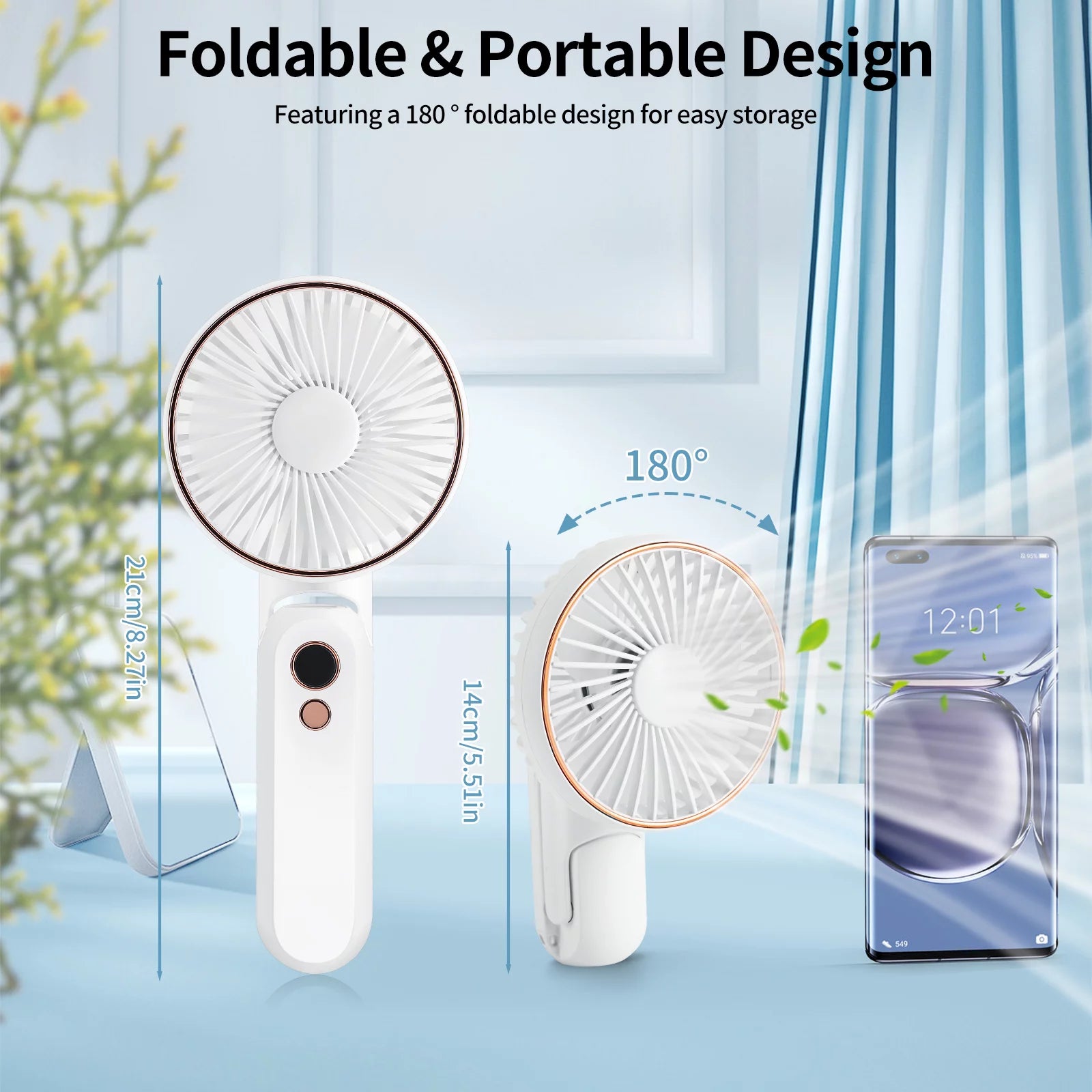 Handheld Fan, Portable Fan with 5 Speeds&Digital Display,Foldable Rechargeable USB Fan with Power Bank,180°Adjustable Mini Fan&Desk Fan for Outdoor,Travel, Camping,Office,White