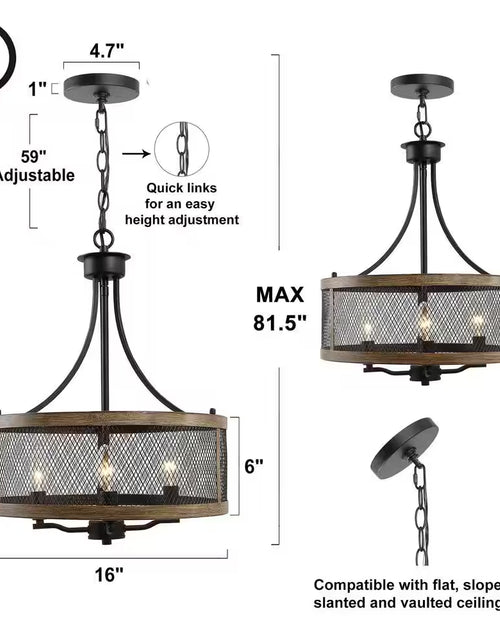 Load image into Gallery viewer, Black Drum Chandelier 4-Light Candlestick Dark Brown Farmhouse round Pendant with Open Cage Frame and Wood Accent
