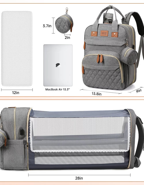 Load image into Gallery viewer, Diaper Bag Backpack, Multifunction Baby Bag with Changing Station, Large Capacity Diaper Bags W/ Foldable Crib &amp; Insulated Pocket, Portable Waterproof Backpack, USB Charging Port&amp;Stroller Straps(Gray)
