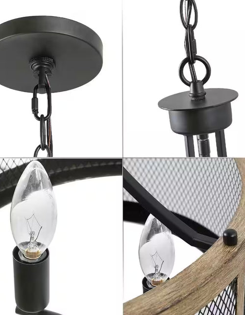 Load image into Gallery viewer, Black Drum Chandelier 4-Light Candlestick Dark Brown Farmhouse round Pendant with Open Cage Frame and Wood Accent
