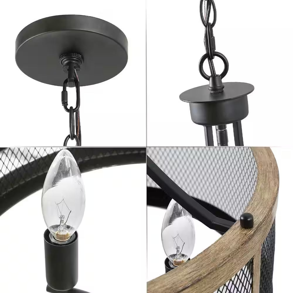 Black Drum Chandelier 4-Light Candlestick Dark Brown Farmhouse round Pendant with Open Cage Frame and Wood Accent