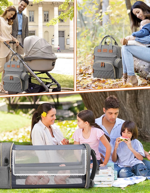 Load image into Gallery viewer, Diaper Bag Backpack, Multifunction Baby Bag with Changing Station, Large Capacity Diaper Bags W/ Foldable Crib &amp; Insulated Pocket, Portable Waterproof Backpack, USB Charging Port&amp;Stroller Straps(Gray)
