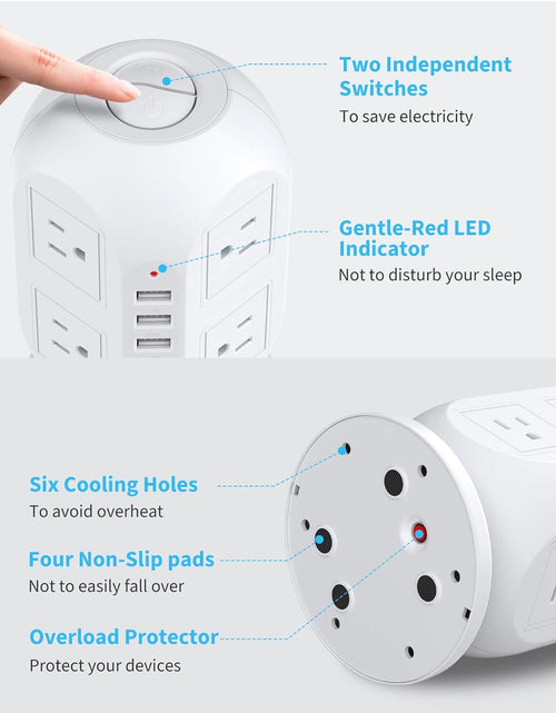 Load image into Gallery viewer, Power Strip Tower with USB Ports,  Surge Protector Tower with 8 AC Outlets 4 USB Chargers, Multiple Outlets with Long Extension Cord 10 Ft &amp; Circuit Breaker, Dorm Essentials, Desk Accessories
