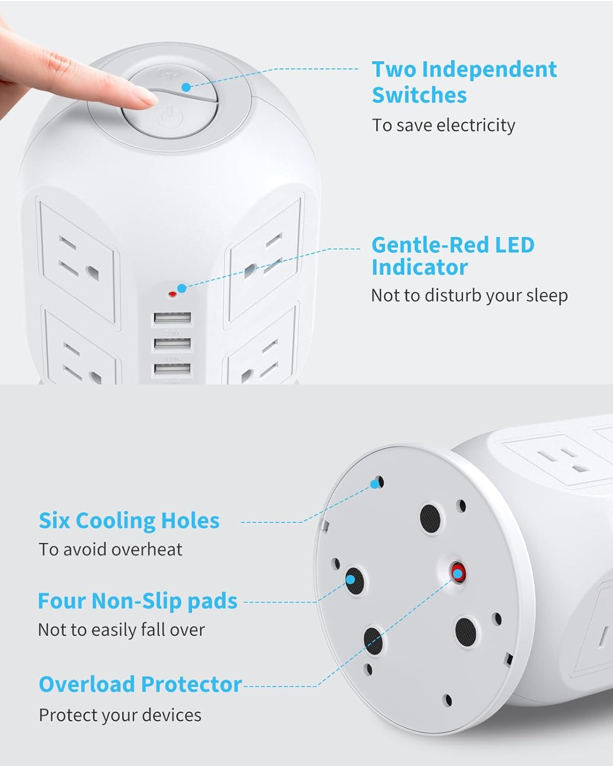 Power Strip Tower with USB Ports,  Surge Protector Tower with 8 AC Outlets 4 USB Chargers, Multiple Outlets with Long Extension Cord 10 Ft & Circuit Breaker, Dorm Essentials, Desk Accessories